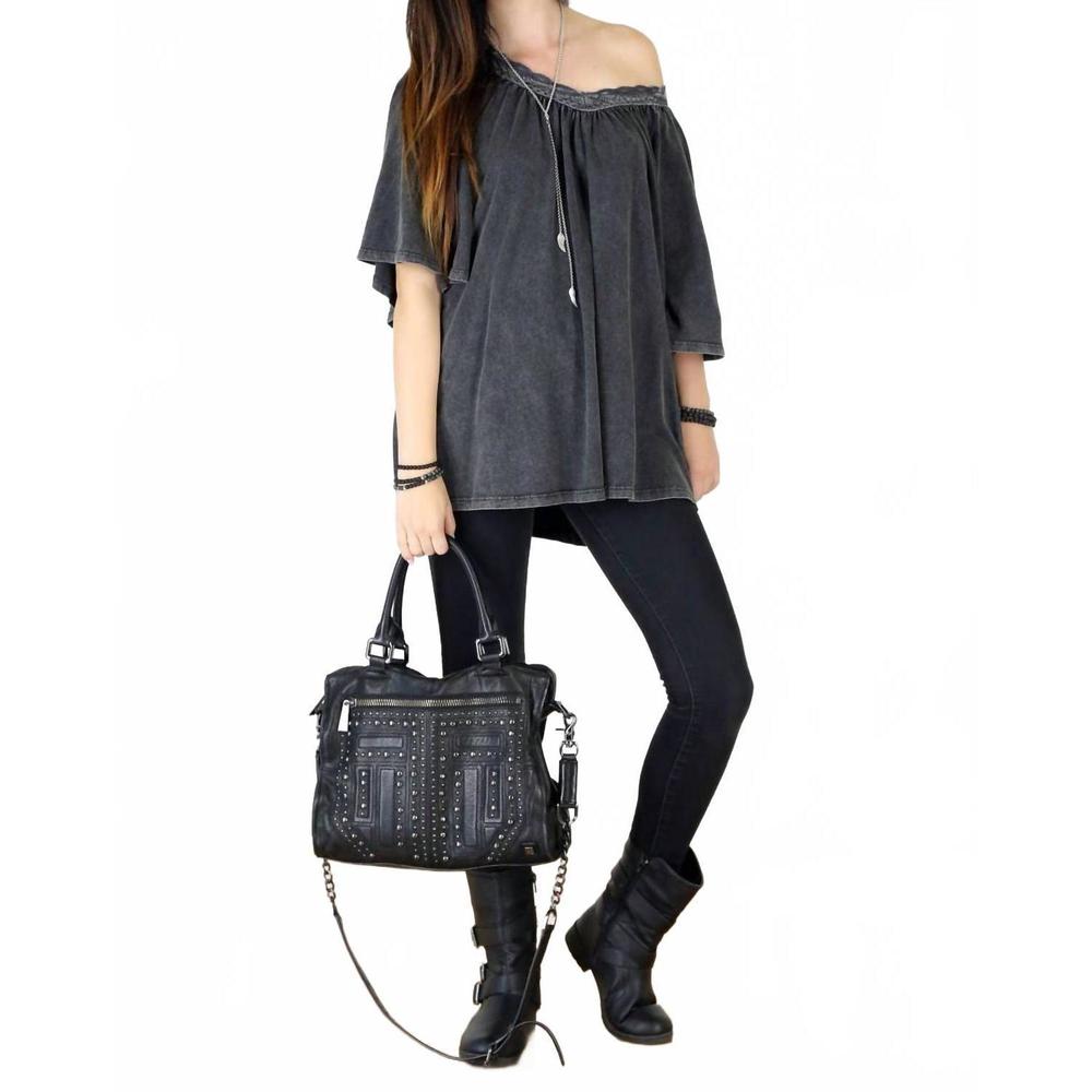 NEW TOUGH LUV boho victorian acid washed tunic top in black acid wash